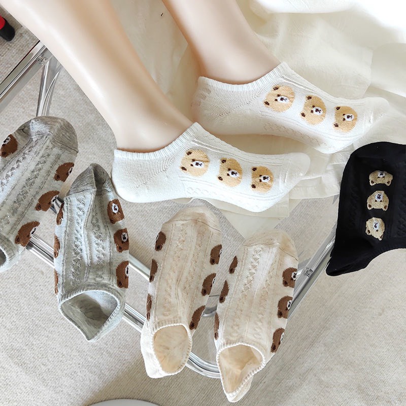Tất Vớ Lười Nữ Cổ Thấp Thêu Hình Đầu Gấu Bông vải dày dặn mềm mại, cotton thấm hút