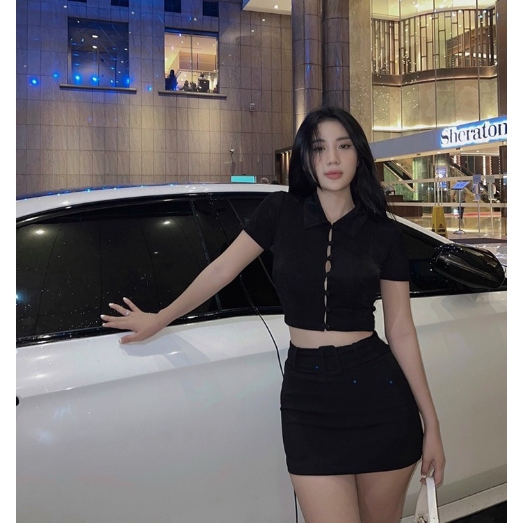 Set áo sơmi croptop nút bọc + Chân váy