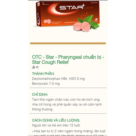 Viên, kẹo ngậm ho, thông mát họng không đường STAR SORE THROAT - màu xanh lá/ xanh dương/cam