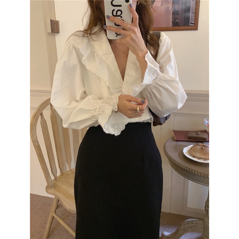 Áo sơ mi dài tay phối ren ngọt ngào phong cách mới 45557