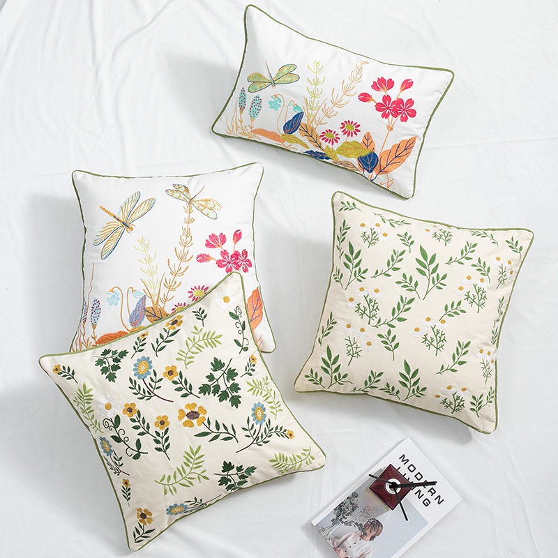 Vỏ Gối cotton Họa Tiết Hoa Thêu Đẹp Mắt Trang Trí Giường Ngủ / Xe Hơi