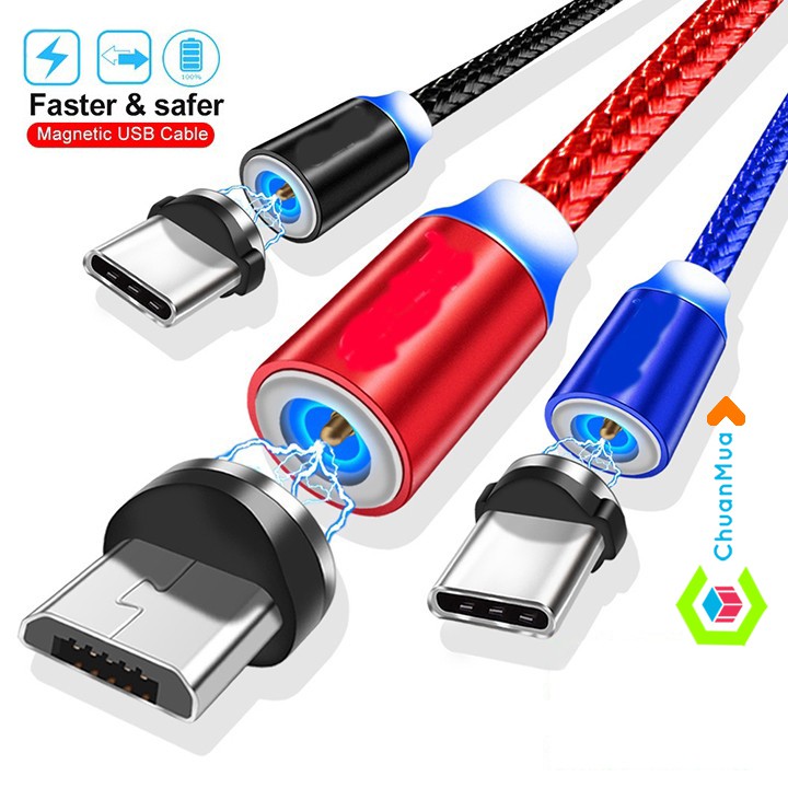 Cáp sạc từ hút nam châm đầu iPhone | Micro USB | Type C xoay 360 độ dây dù có LED cao cấp