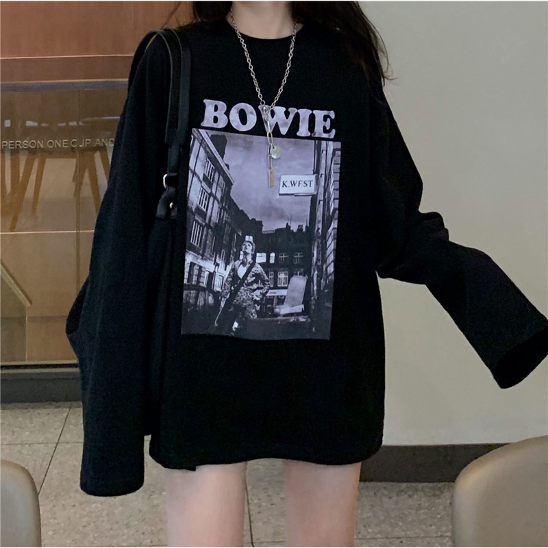  Xiaozhainv Áo Thun Tay Dài Cổ Tròn Màu Đen In Họa Tiết Phong Cách Hàn Quốc Cho Nữ | BigBuy360 - bigbuy360.vn