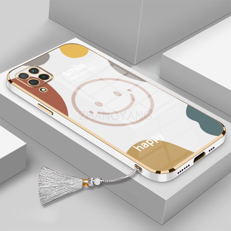 Ốp Điện Thoại Silicon TPU Mạ Điện In Hình Mặt Cười Kèm Dây Đeo Tua Rua Cho Samsung a12