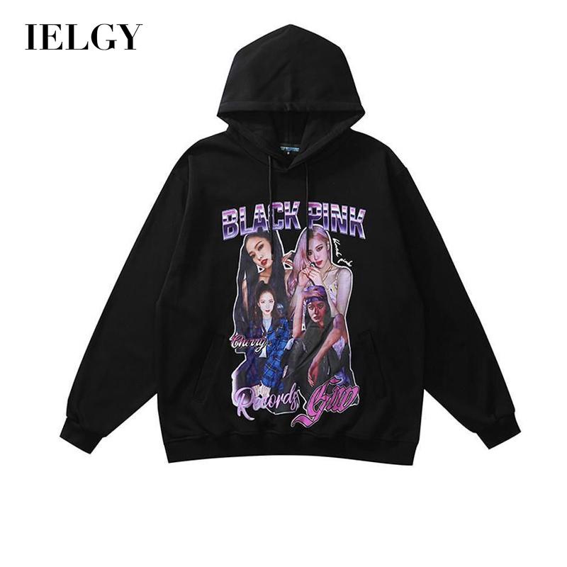 Áo hoodie IELGY màu đen in họa tiết phong cách hip hop dễ phối đồ thời trang cho nữ