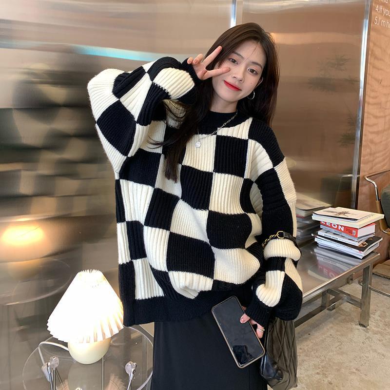 Áo sweater dệt kim dáng rộng họa tiết kẻ sọc phong cách Hàn Quốc cổ điển thời trang dành cho nữ