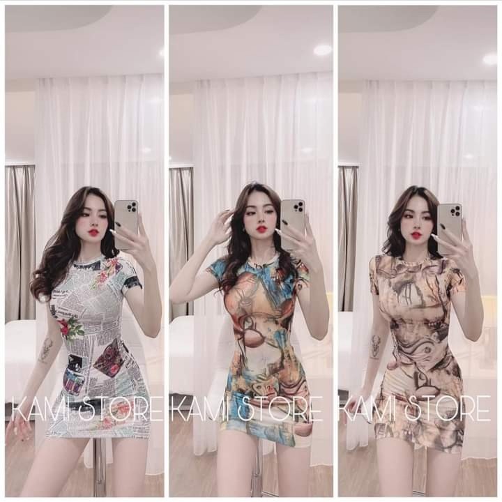 Đầm body tay ngắn cổ tròn in báo(CÓ VIDEO THẬT)