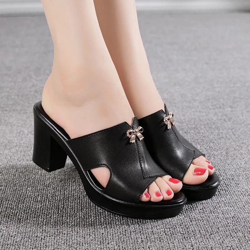 Dép cao gót trung niên nữ, giày trung niên cho mẹ, dép hở mũi sang trọng