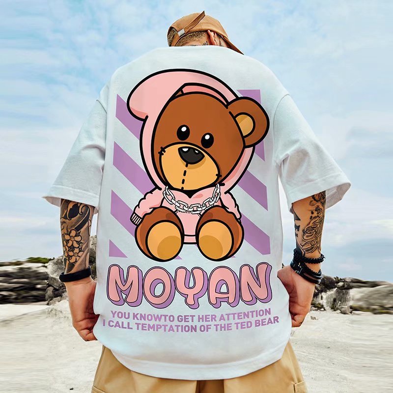 Áo thun cotton tay ngắn dáng rộng in hình gấu thời trang mùa hè phong cách Âu Mỹ cỡ S-8XL cho nam