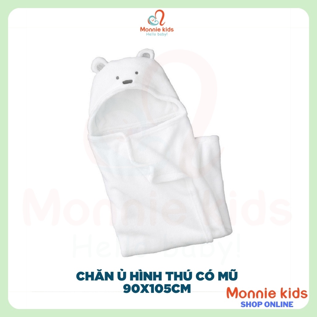 Chăn ủ hình thú cho bé MOMCARE 90x105cm, ủ thú họa tiết có mũ ấm áp - Monnie Kids