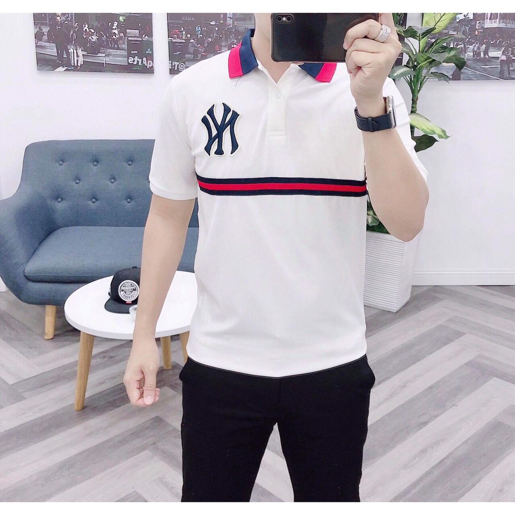 Áo thun nam đính đá thêu kim sa có cổ tay ngắn chất cotton co dãn 2 màu trăng đen cao cấp | BigBuy360 - bigbuy360.vn