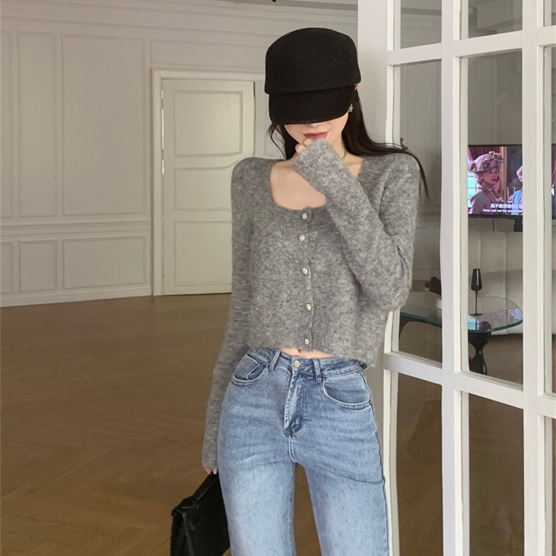 Áo Cardigan Dệt Kim Tay Dài Cổ Vuông Dáng Ôm Thời Trang Cho Nữ