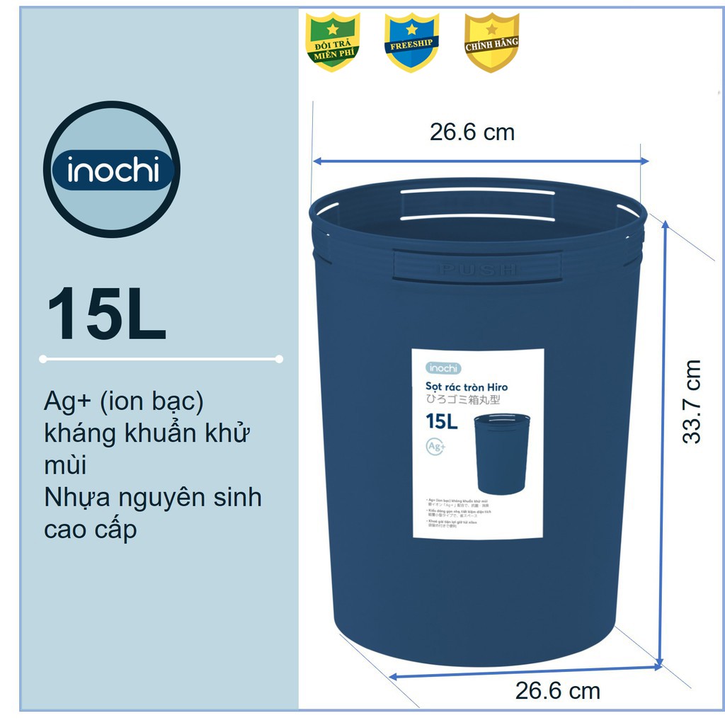 [CAO CẤP] Sọt rác nhựa Tròn Inochi 5 Lít -10 Lít -15 Lít - Kháng khuẩn kháng mùi Ag +