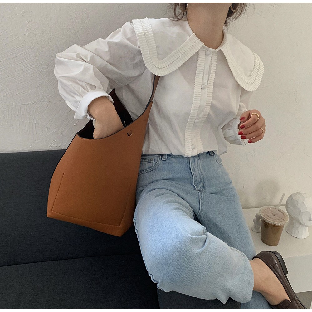 Áo sơ mi nữ màu trơn cổ búp bê xinh xắn đáng yêu 42767