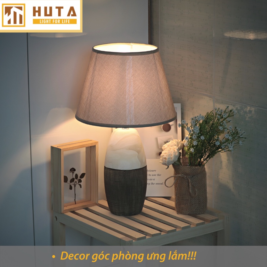 Đèn Ngủ Để Bàn Cao Cấp Thân Gốm Sứ, Chao Vải, Bóng Led, Ánh Sáng Vàng, dùng decor phòng ngủ,phòng khách, mã S5