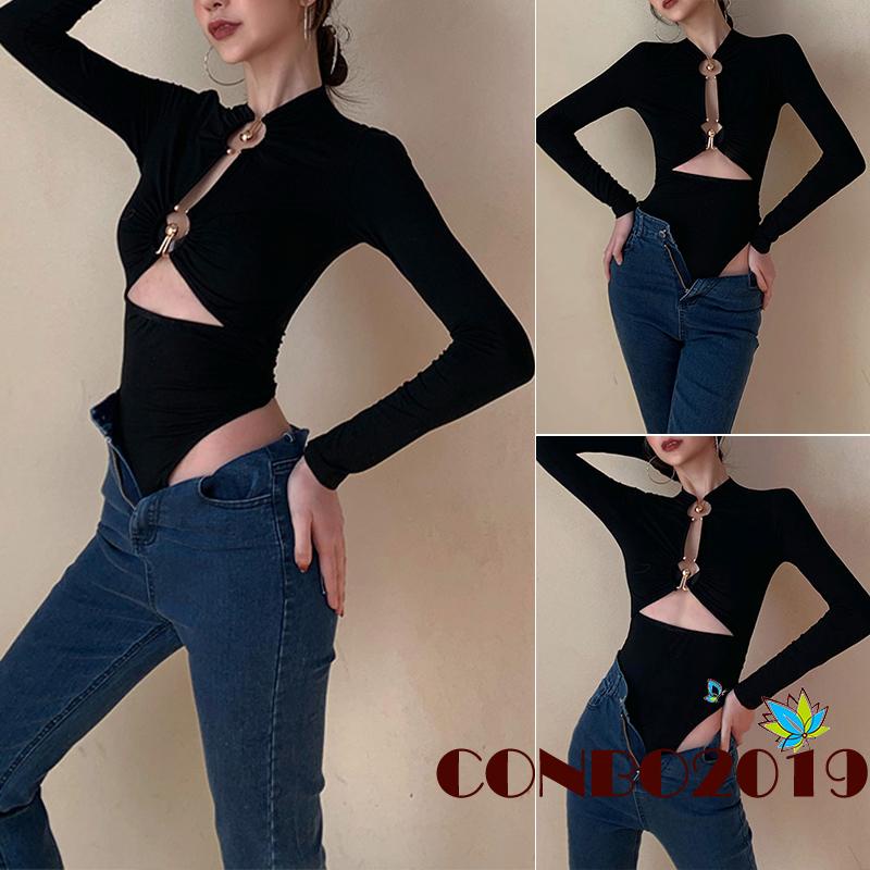 Bodysuit Màu Đen Trơn Tay Dài Kèm Vòng Kim Loại Dành Cho Nữ