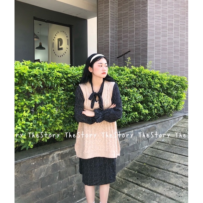 Set đầm caro cột nơ mix ghi lê nữ tiêu  S323