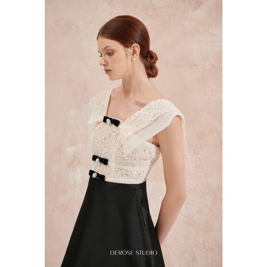Flavie Dress - Váy ngắn tay phối ren nơ đen trắng