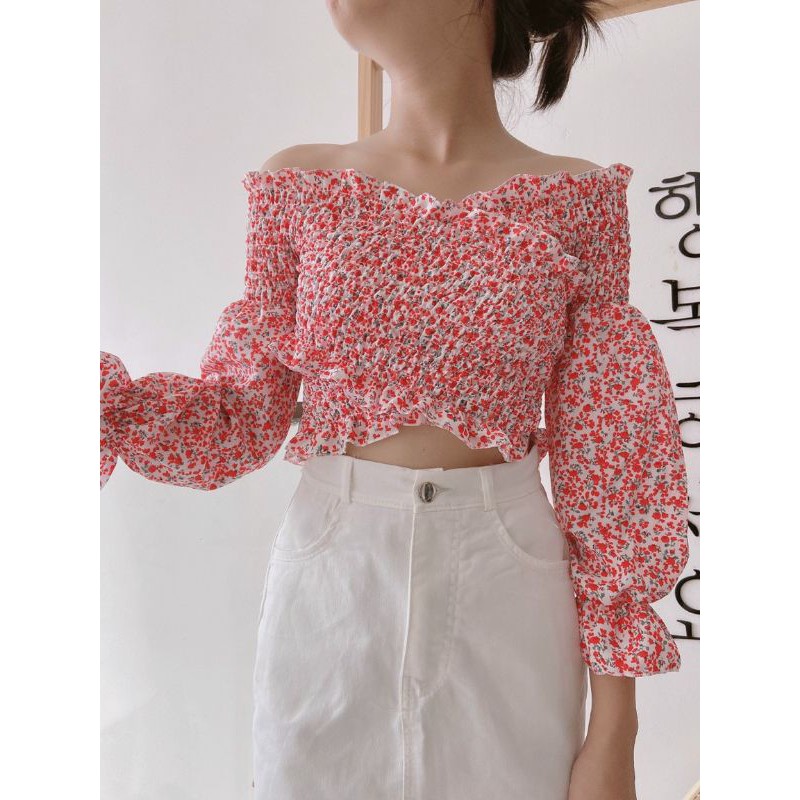 ÁO TRỄ VAI CROPTOP HOA NHÍ CHÉO SIÊU BÁNH BÈO G4-1 Laca Store, Áo trễ vai họa tiết hoa nhí