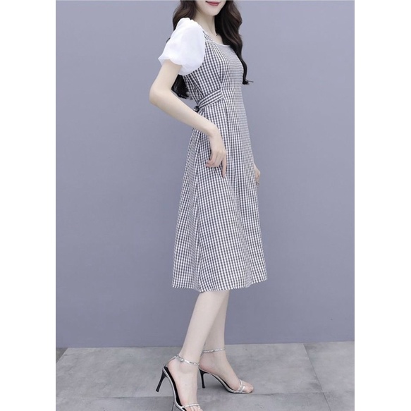 Đầm váy caro phối tay trắng thắt eo