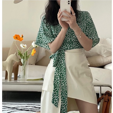 QADCOL Áo Sơ Mi Cổ Chữ V In Hoa Phong Cách Hàn Quốc Thanh Lịch