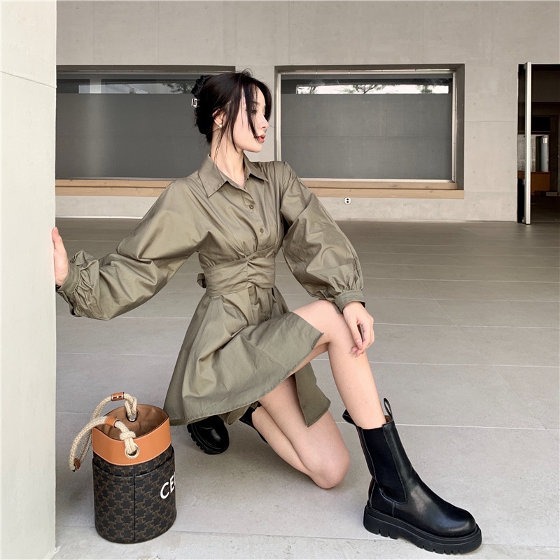 ĐẦM SƠ MI / ĐẦM BẦU /  ÁO SƠ MI FORM RỘNG DÁNG DÀI NỮ MÀU RÊU GIẤU QUẦN QUẤN EO THẮT NƠ COTI OFFICIAL