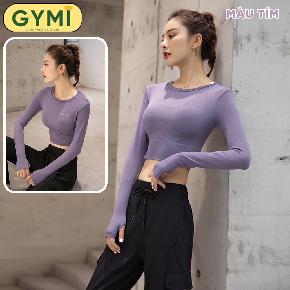 Áo tập gym yoga nữ dài tay GYMI AD03 dáng croptop thể thao chất dệt kim cao cấp co giãn 4 chiều