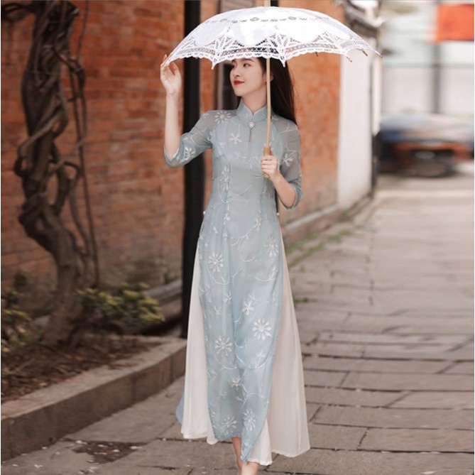 Áo dài cách tân xanh thêu hoa trắng chân váy xòe may liền - KAD01370