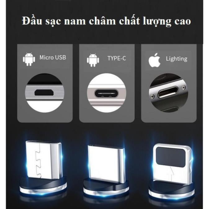 Cáp sạc nam châm 3 đầu Iphone | micro USB | Type C xoay 360 độ dây dù,có LED cao cấp SIÊU HOT