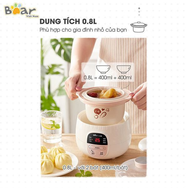 [Bản Quốc tế]Nồi Nấu Cháo cho Bé, Nồi Nấu Cháo Chậm đa năng kèm lồng hấp 1L Bear DDZ-B08C1 (Hàng chính hãng-BH12T)