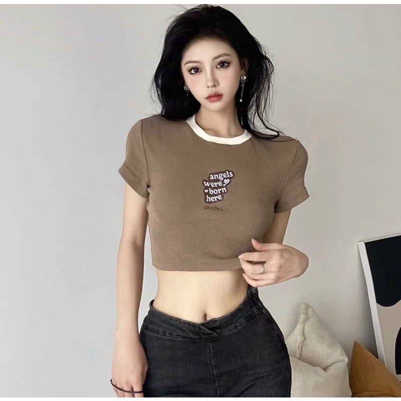 Áo CropTop Viền Cổ Angel Were Born Here