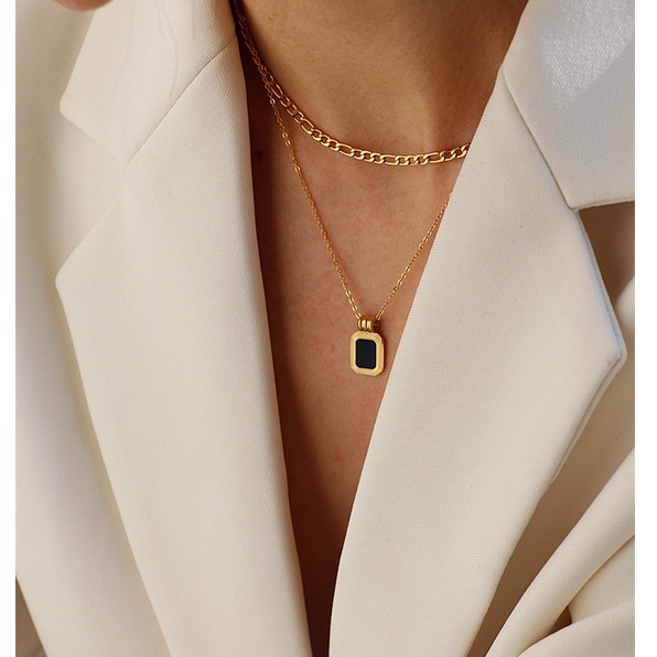 Dây chuyền titan 2 tầng vintage mặt chữ nhật màu đen không gỉ