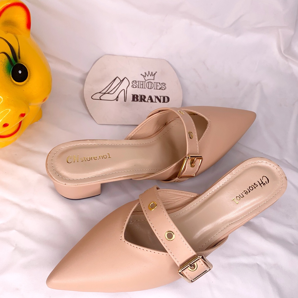 Sục mũi nhọn, giày cao gót nữ phối khóa vàng, đế vuông 5p - MÃ C07