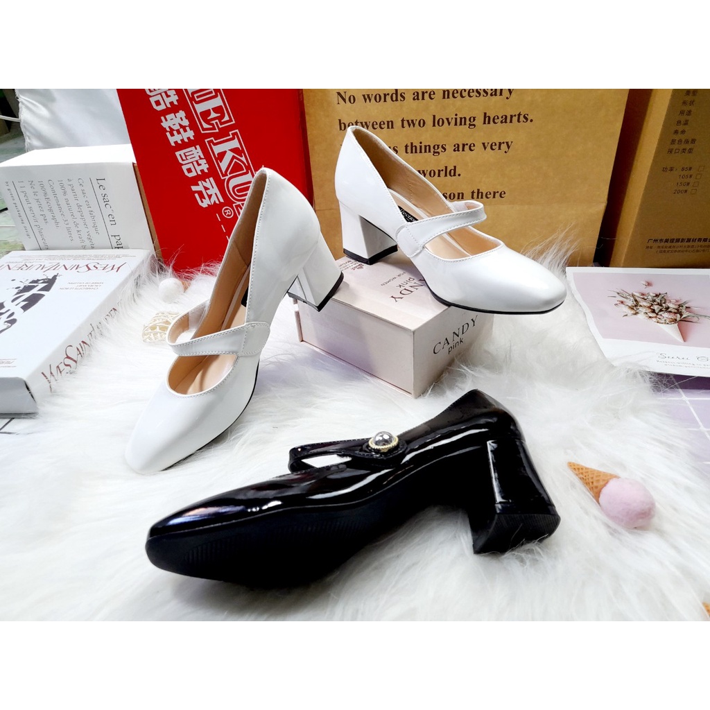 [MẪU HÓT NĂM] Giày Cao Gót Bít Mũi Dây Ngang Đế Vuồng 5p Đính Ngọc Giay_bb_7p