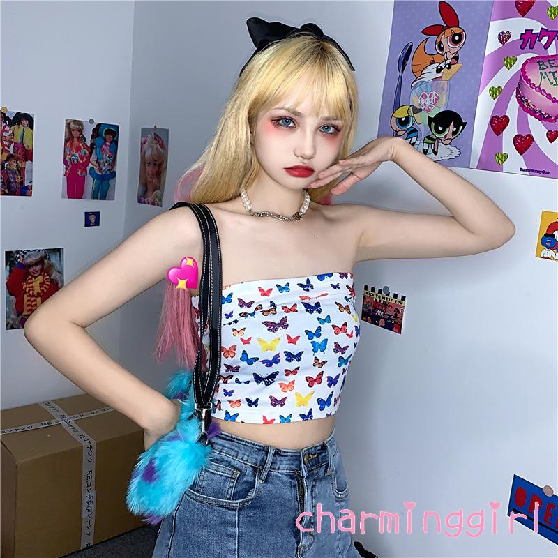 Áo Croptop Không Tay Hở Vai In Hình Bướm Thời Trang Cho Nữ