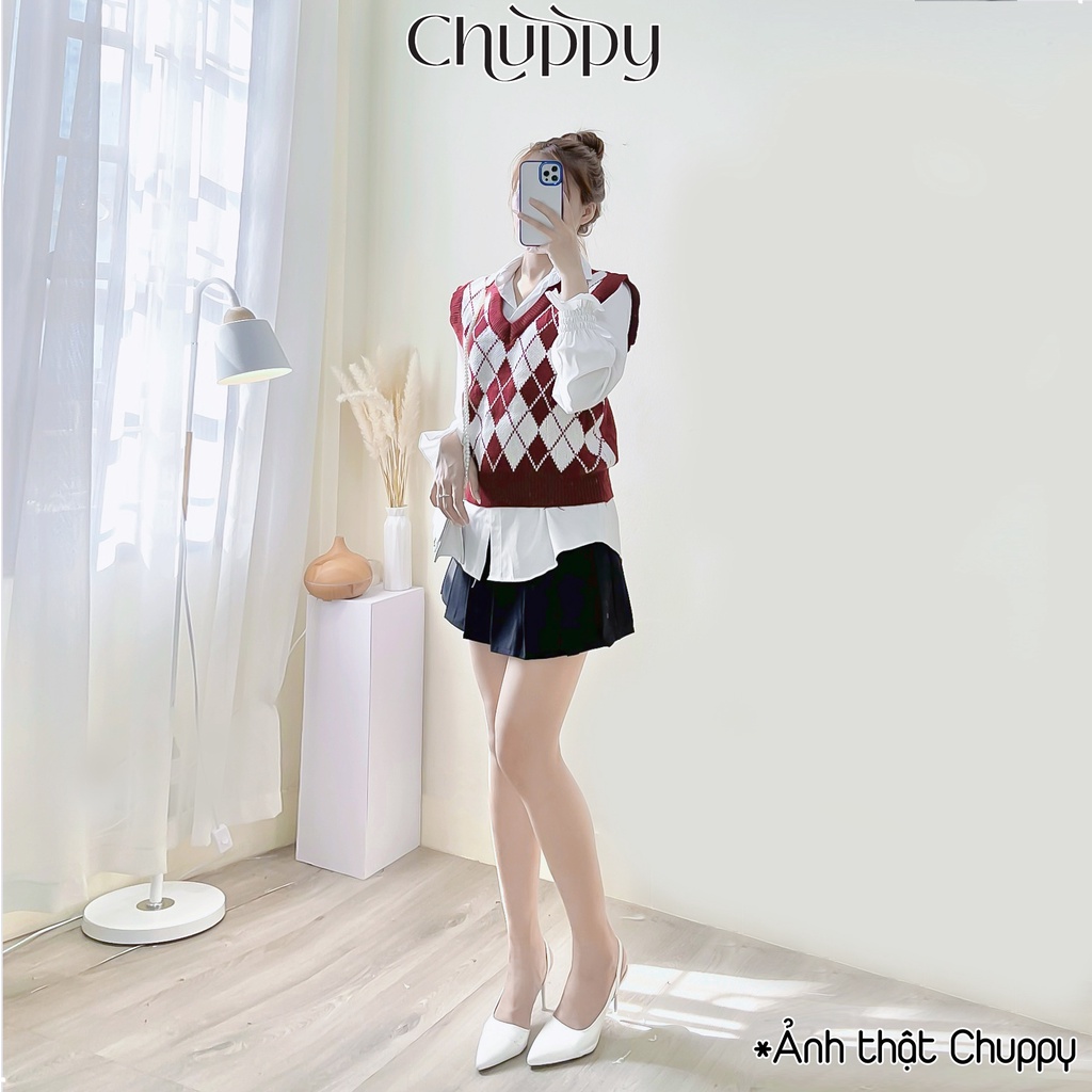 Áo gile len nữ CHUPPY chất len dày dặn họa tiết caro nhiều màu phong cách Hàn Quốc siêu xinh -GL05