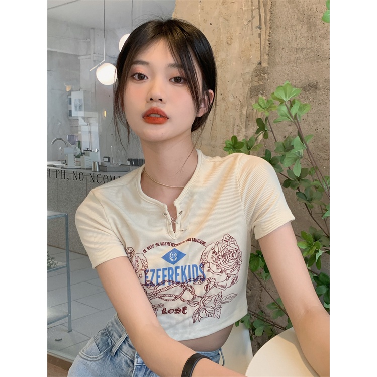 QKOOLE Áo thun nữ  ngắn tay in họa tiết phong cách Hàn Quốc