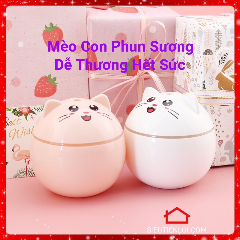 Máy Phun Sương Tạo Ẩm Mini Khuếch Tán Tinh Dầu Kiêm Đèn Ngủ Hình Chú Mèo Siêu Siêu Cute