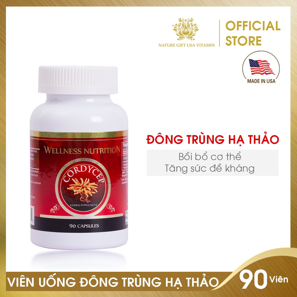 Viên Uống Đông Trùng Hạ Thảo Tăng Cường Sức Khoẻ, Ăn Ngon Ngủ Ngon - Wellnes Nutrition CORDYCEPS - Nature Gift (90 viên)