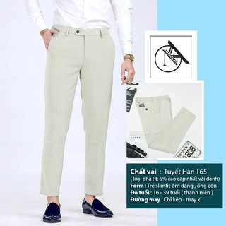 Quần âu nam công sở trắng sữa, vải tuyết mưa T65 mềm mịn, không xù, không nhăn, dáng body