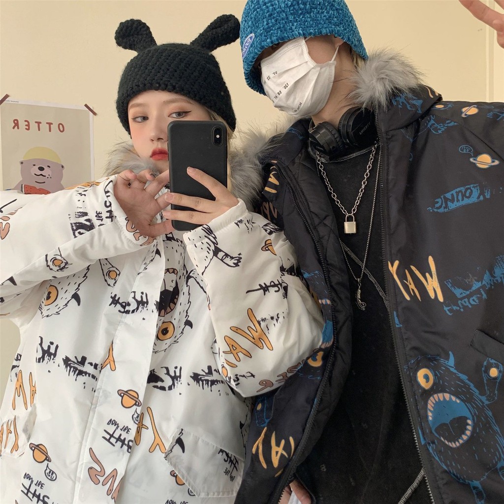 rockmagic couple wear winter clothes brand graffiti loose large size cotton-padded jacket fur collar cotton jacket winter coat men | BigBuy360 - bigbuy360.vn