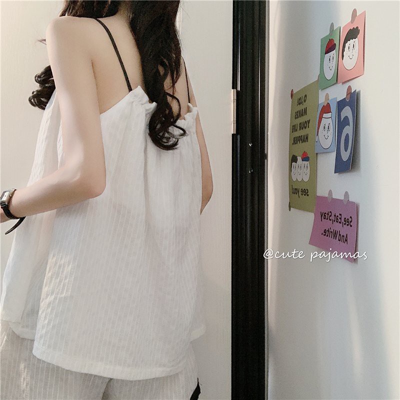 Set 2 Dây Trắng Đũi Nhăn + Quần Đùi Viền Đen  Bộ ngủ quần voan ống rộng, áo thun lụa mát mặc ở nhà bánh bèo Ulzzang