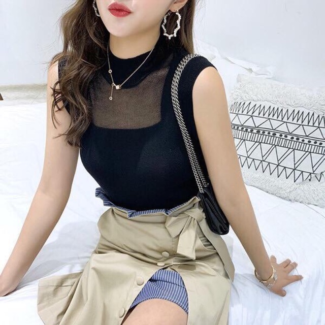 Áo len sát nách phối ren