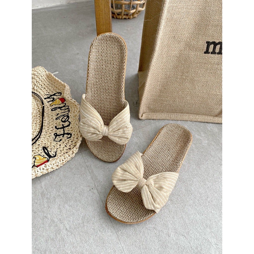 Dép nữ đế cói mùa hè quai nơ vải sọc nhẹ tênh