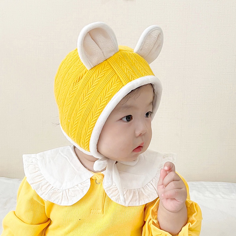 Mũ trùm đầu vải lông dày màu trơn giữ ấm mùa thu đông in họa tiết hoạt hình cho bé