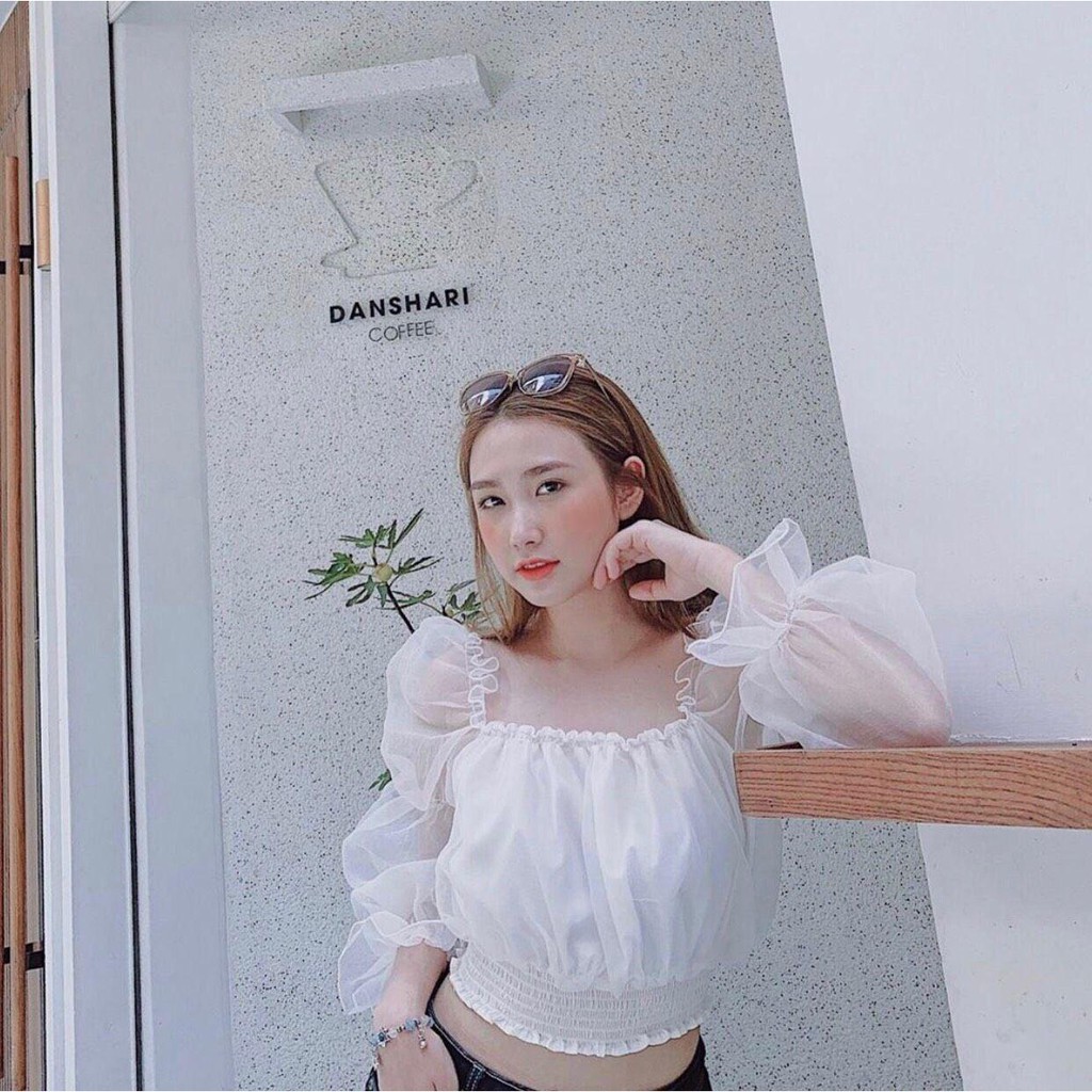 [Siêu hot] 1125A21B1 Áo trễ vai kate tay dài phối voan kiếng sang trọng [Siêu hot]