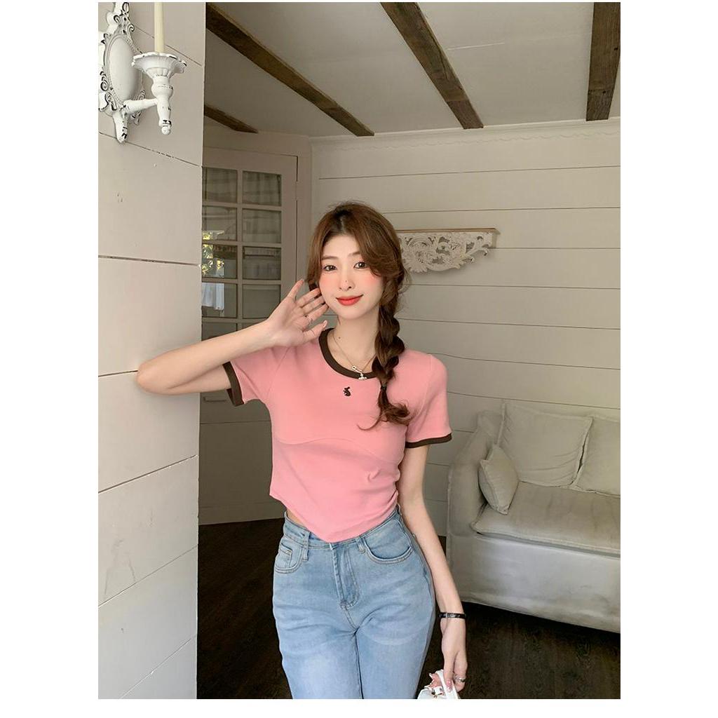 Áo Thun Cotton Cổ Tròn Dáng Ôm Phong Cách Retro Mùa Hè 63877