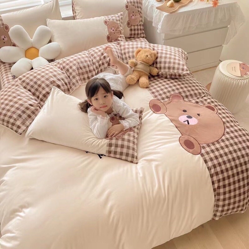 BỘ CHĂN GA GỐI NỈ SỮA GẤU TEDDY PHỐI KẺ DỄ THƯƠNG (đủ size)