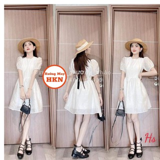 Váy Trắng Tay Phồng Nơ Đen Khoét Lưng Chất Mát Mềm Mại Mã 645 Xưởng May HKN