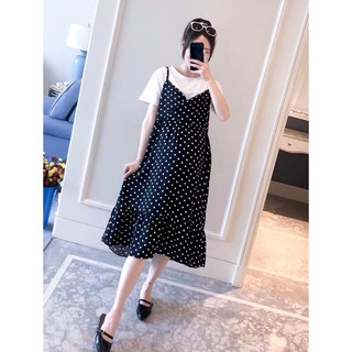 Váy bầu 2 dây XUÂN HÈ (Đen chấm bi, kèm áo) - 𝐕𝟐𝟐